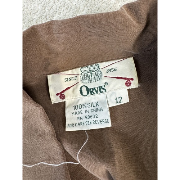 Orvis Dress Womens 12 Brown Silk Short Sleeve Button Front Midi Workwear Pockets - Picture 3 of 6